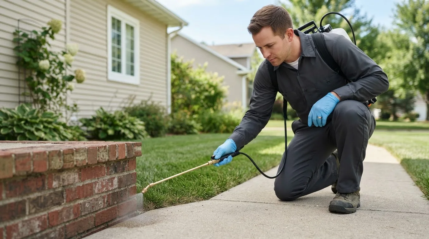 Pest control technician treating a home near Wheeler, WI